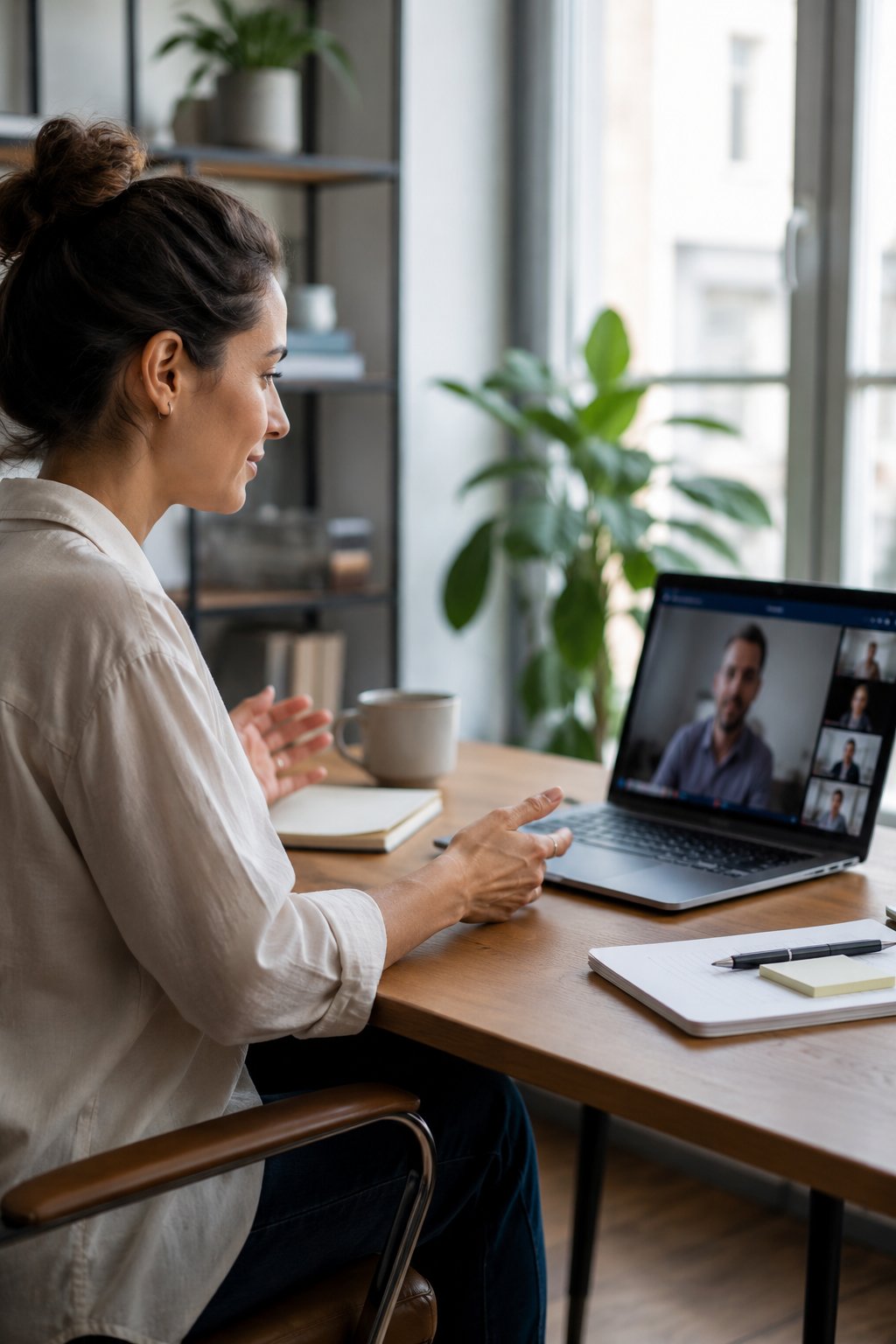 Freelancer on a confident video call with a client at a home desk