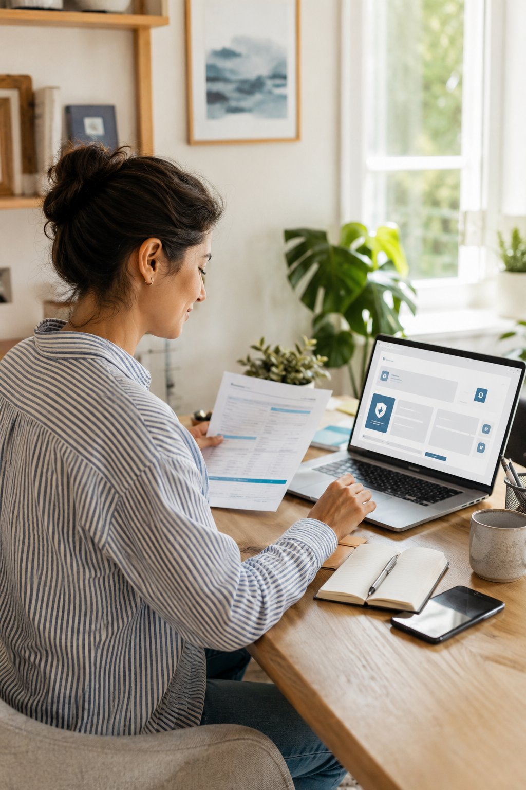 Self-employed freelancer reviewing health insurance paperwork at a home desk
