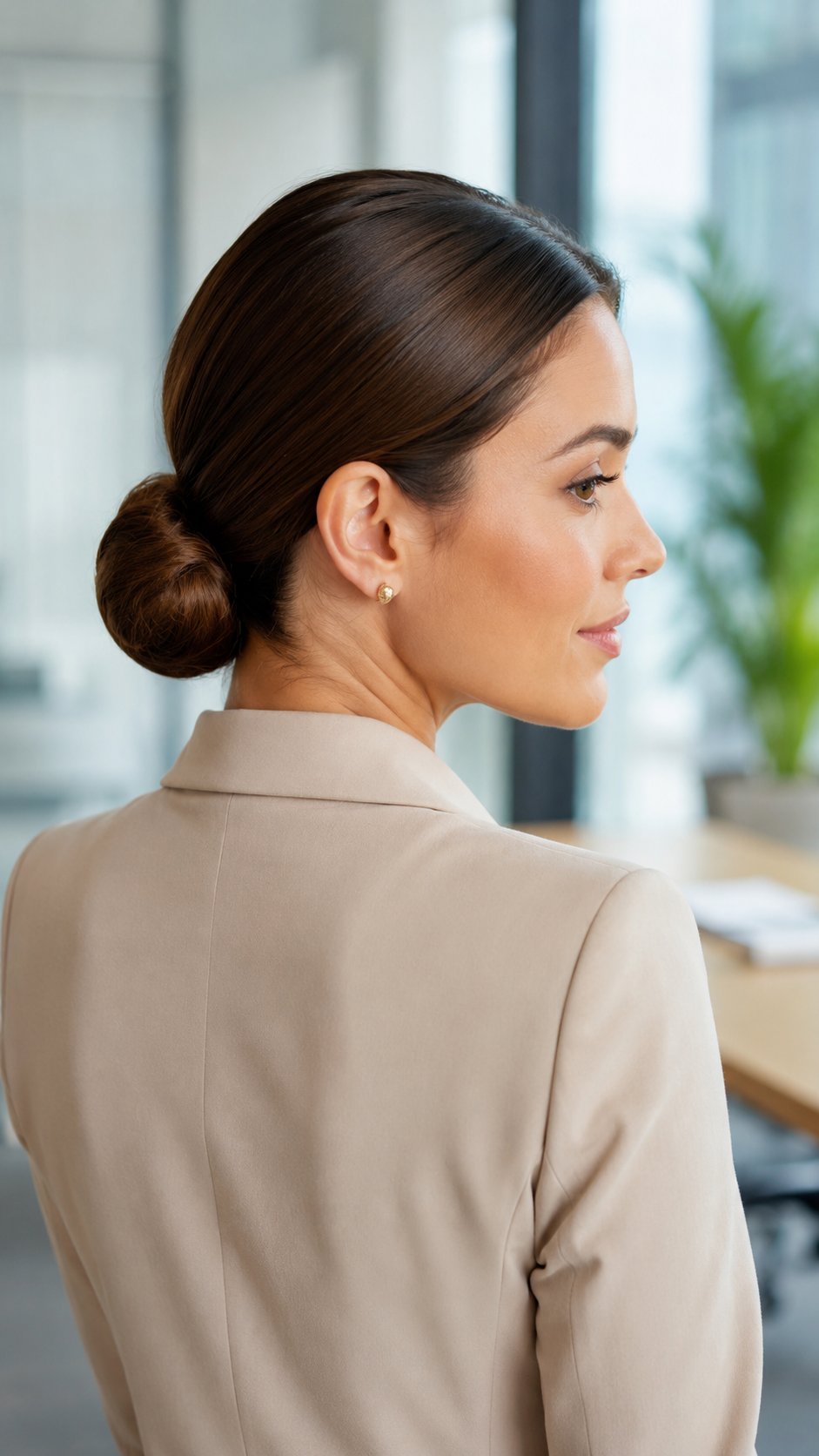 Woman with a sleek low bun at the nape, smooth and executive