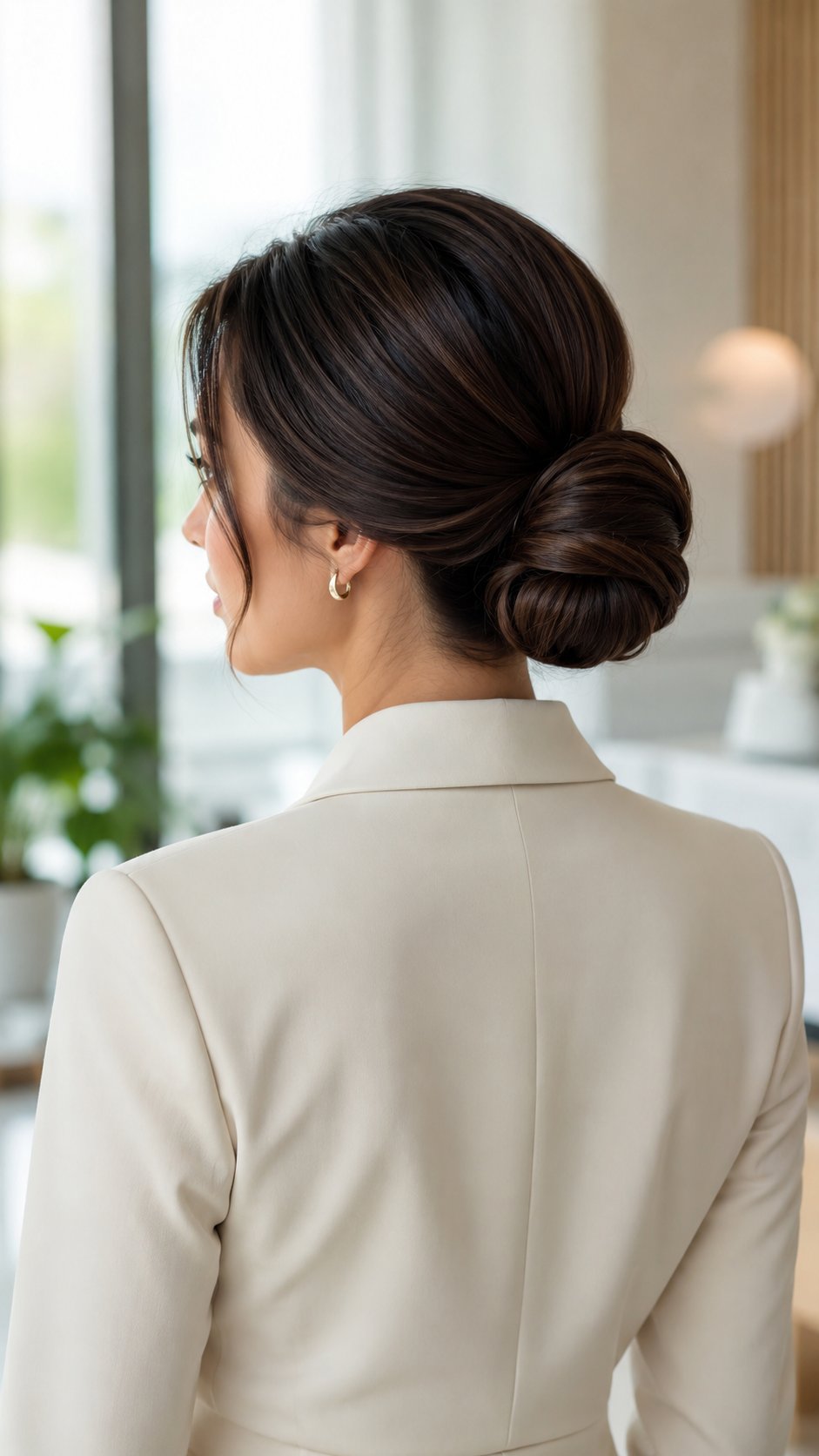 Woman with a classic elegant chignon at the nape