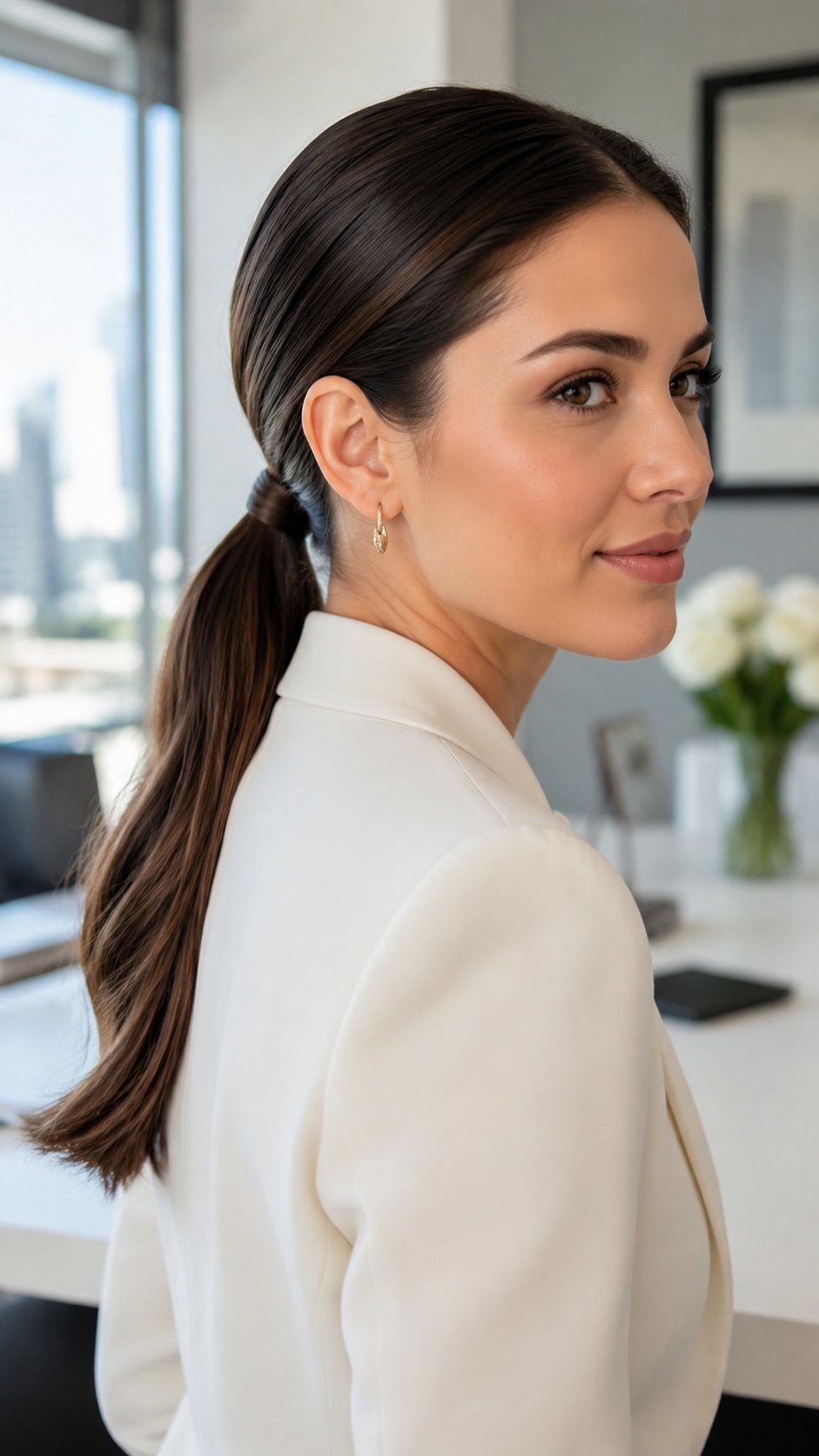 Woman with a smooth sleek low ponytail, polished and modern