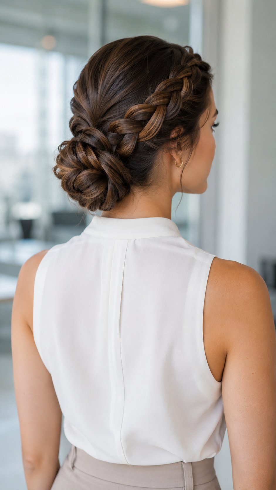 Woman with a braided updo pinned into a low bun, elegant
