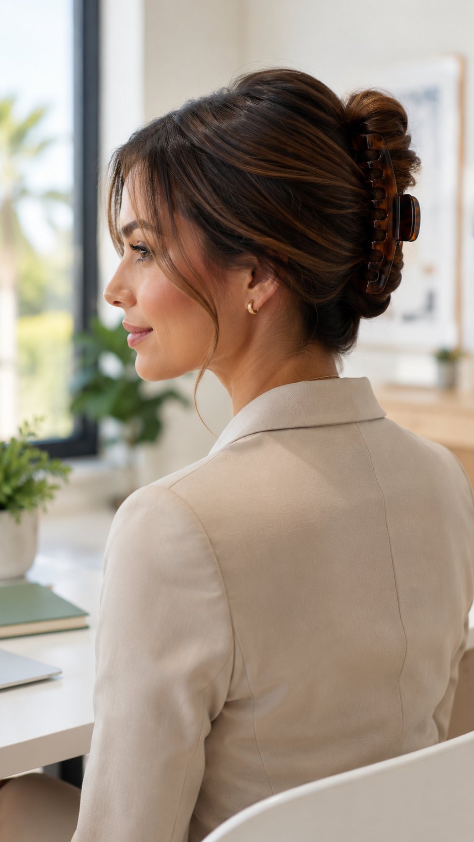 Woman with a neat claw-clip twist updo with soft face-framing pieces