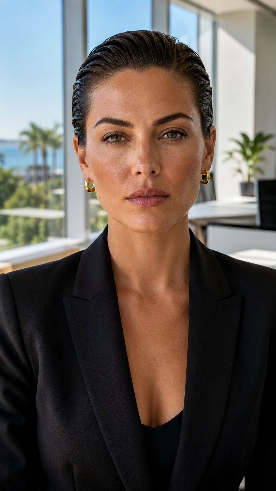 Woman with a sleek slicked-back style, sharp and modern