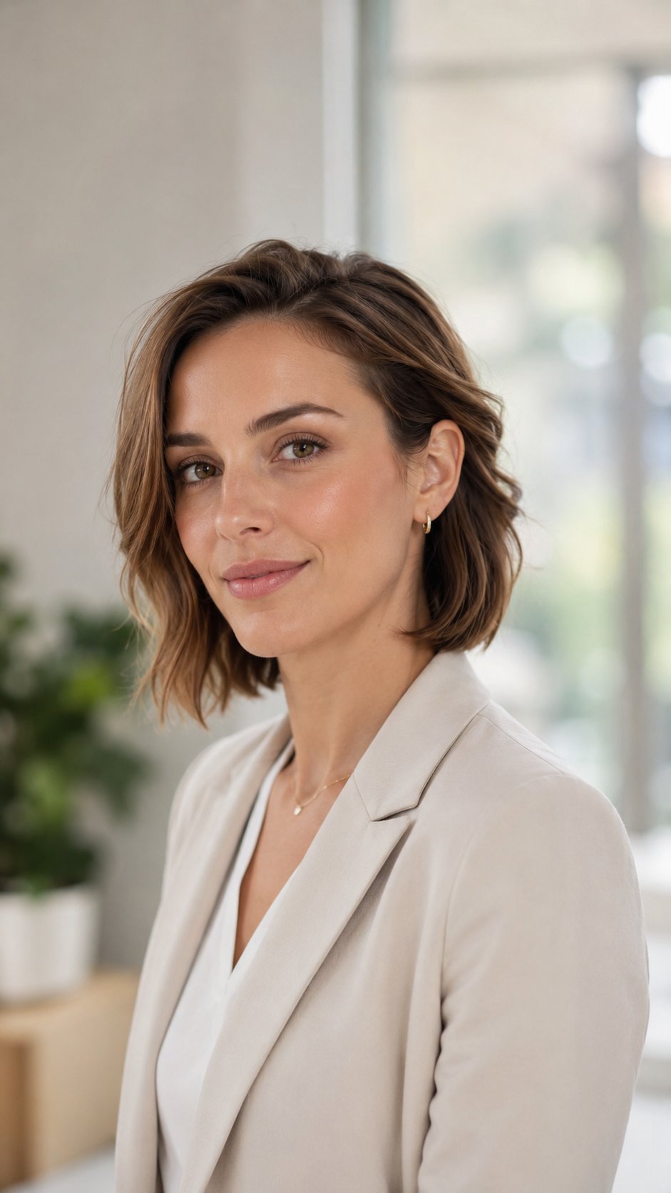 Woman with a soft textured tuck on a bob, sides tucked behind the ears