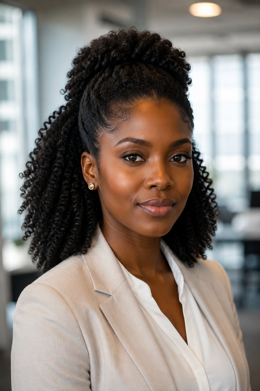 Woman with a half-up curly puff, front section pulled back