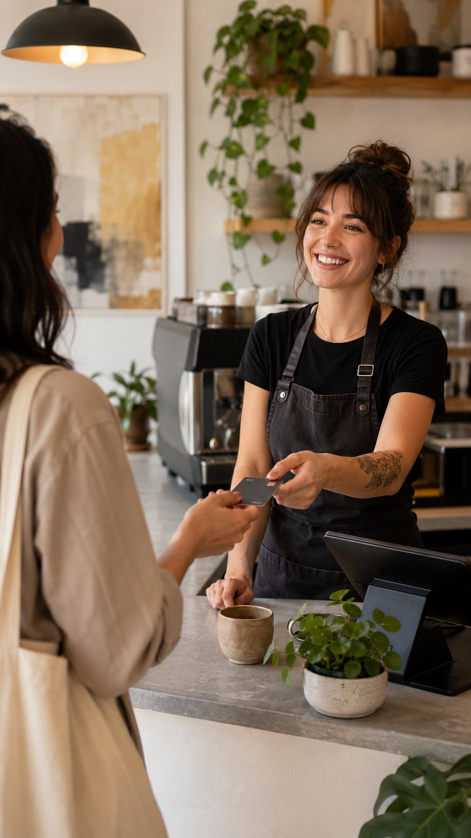 Cafe owner handing a customer their card back after a smooth payment