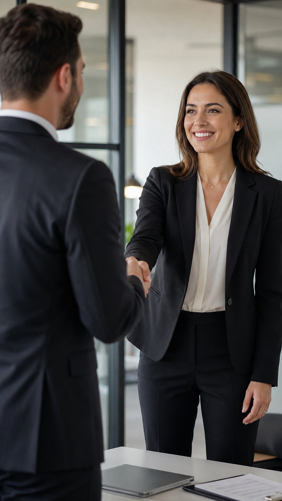 Two professionals shaking hands warmly after reaching agreement