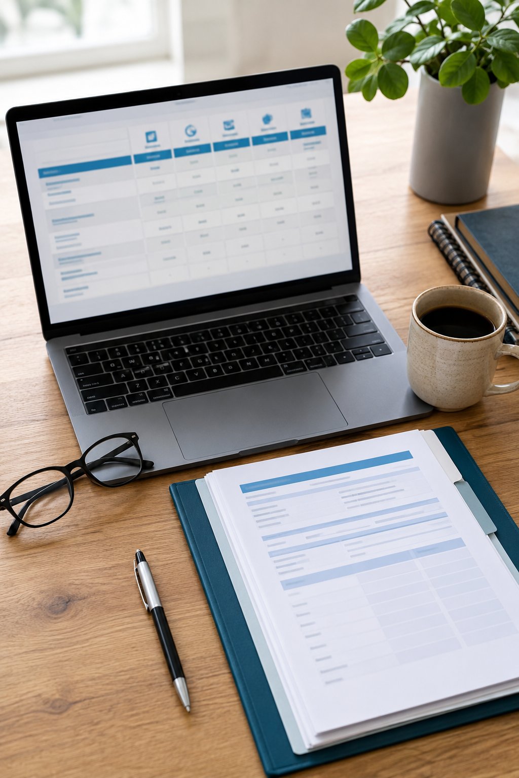 Flat lay of health insurance documents, laptop, glasses and coffee on a desk