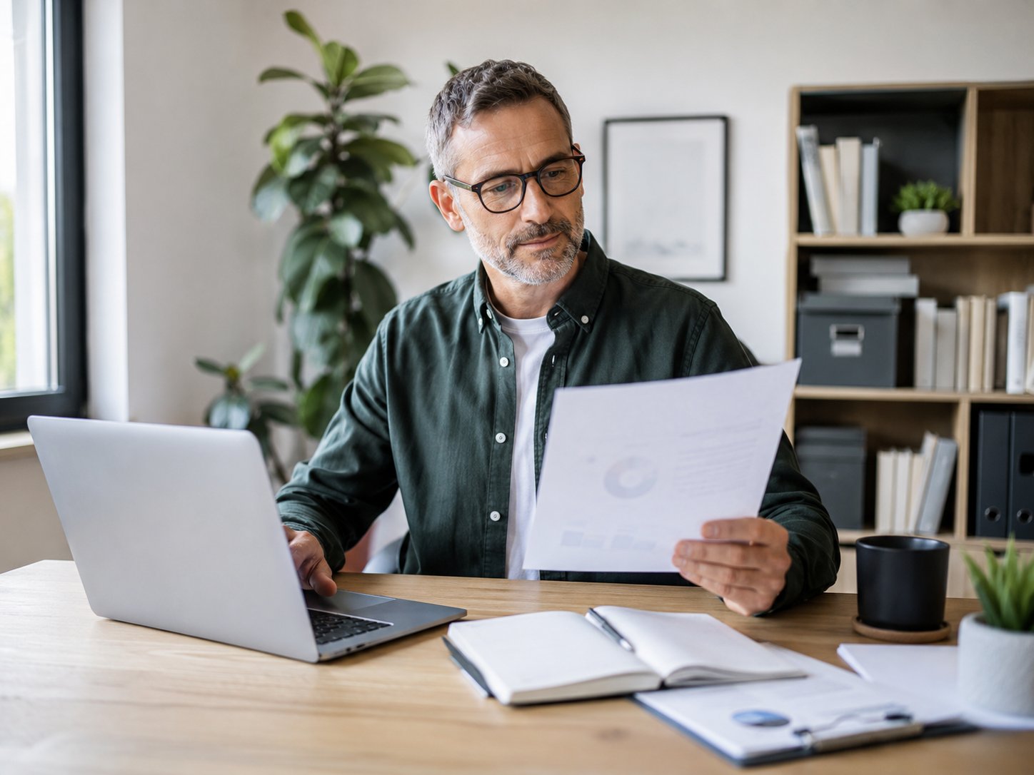 Calm small-business owner reviewing documents on a laptop at a tidy desk