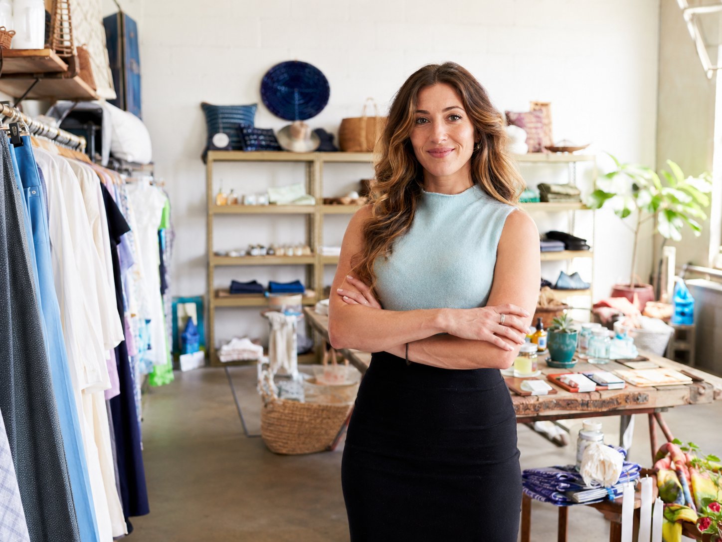 Confident shop or studio owner standing in her small business space