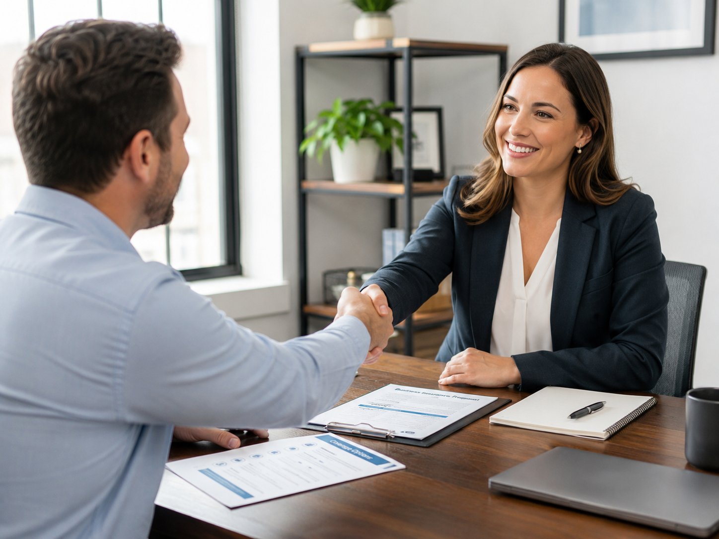 Business owner shaking hands with an advisor across a desk