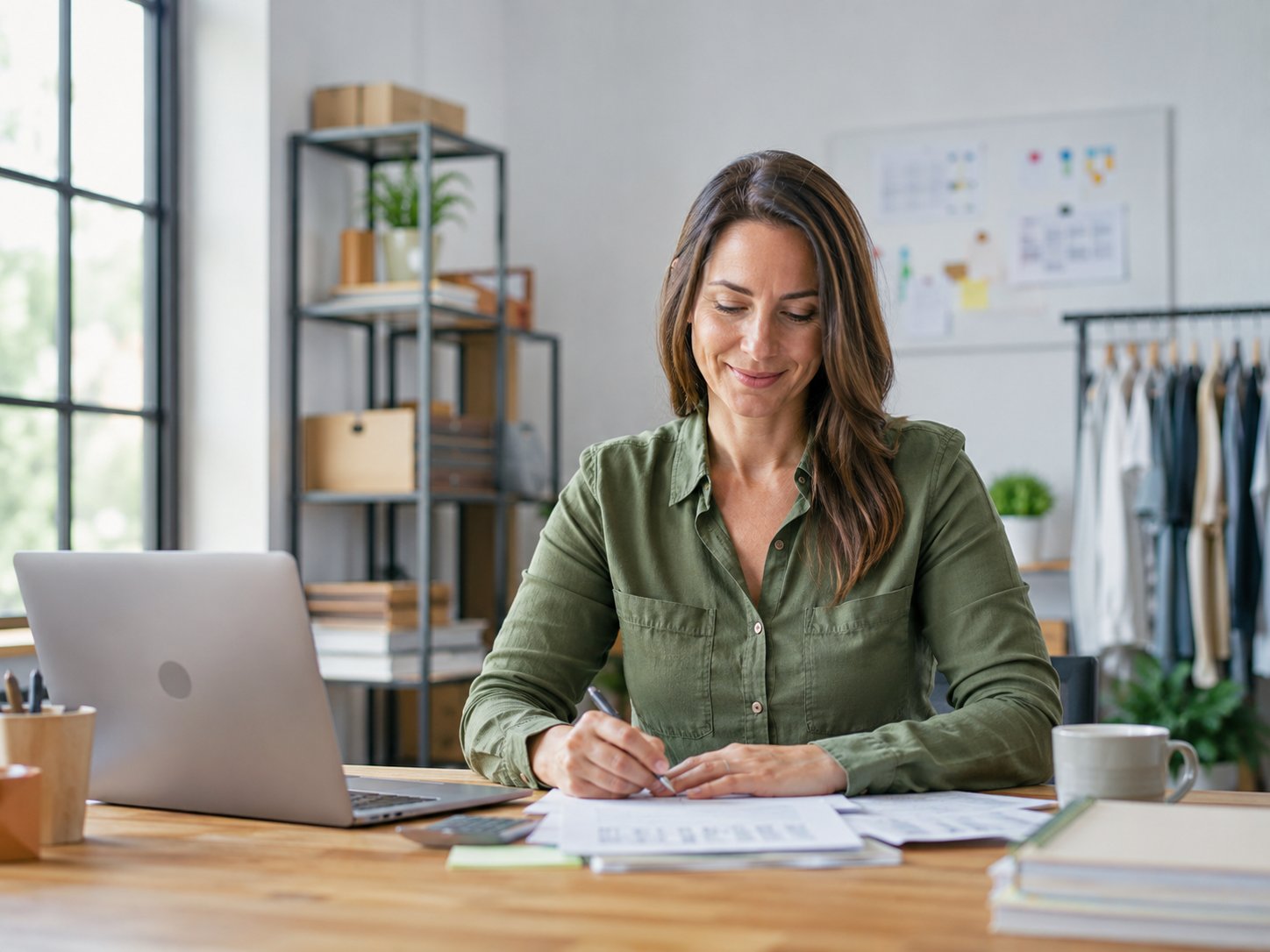 Relaxed small-business owner working peacefully, everything organised