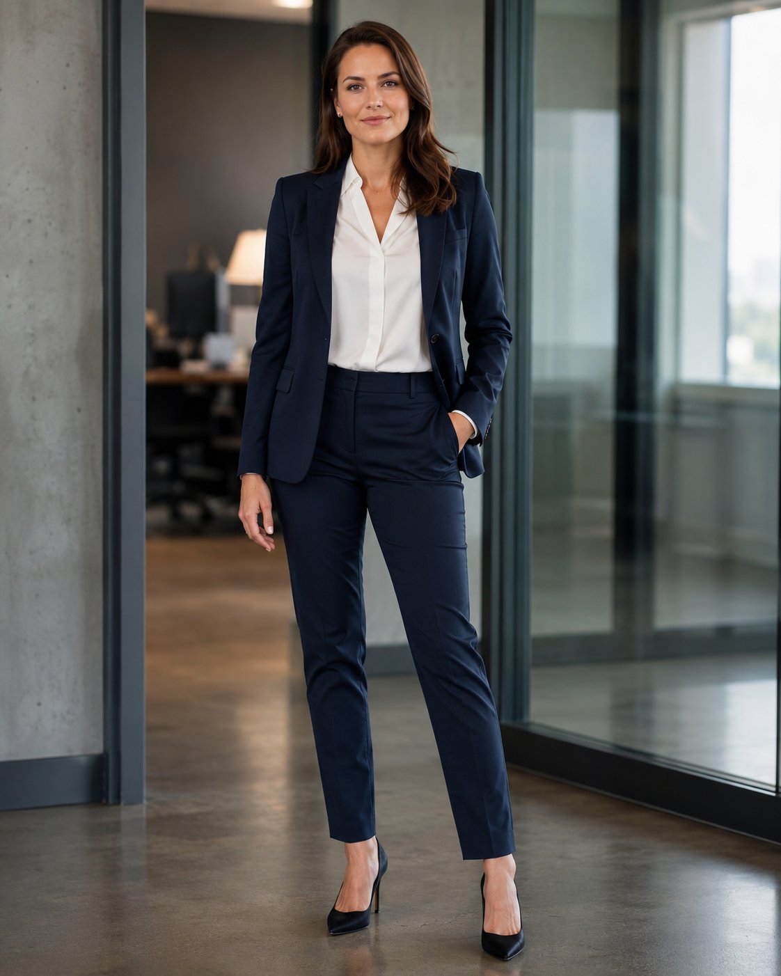 Woman in a blazer, blouse and tailored trousers, everyday professional look