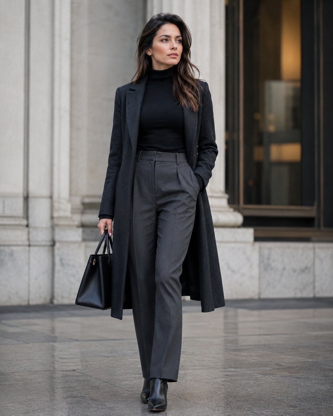 Woman in tailored trousers and a fitted turtleneck with a longline coat, sleek cool-weather look