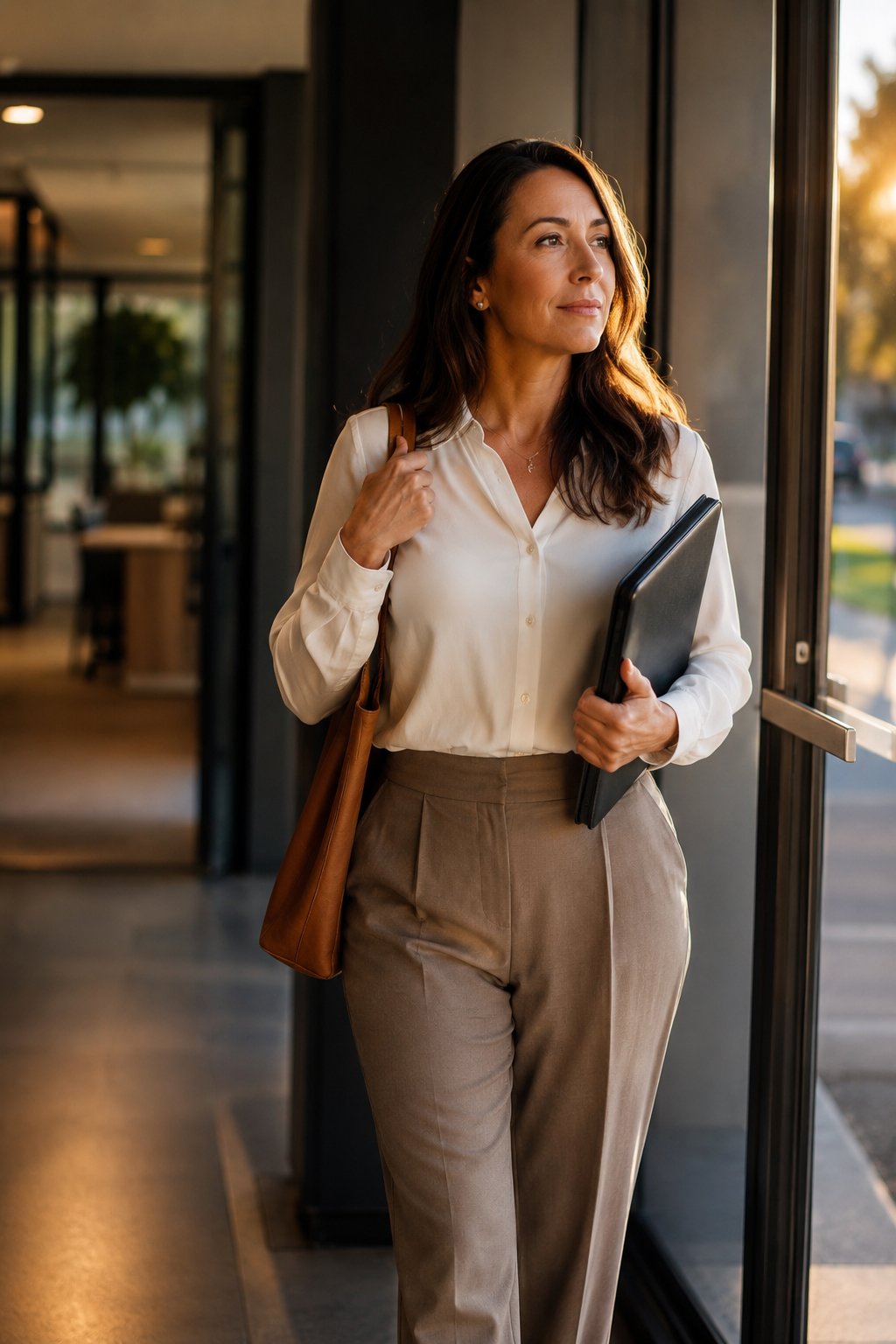 Woman leaving her workspace in soft evening light, relaxed and unhurried