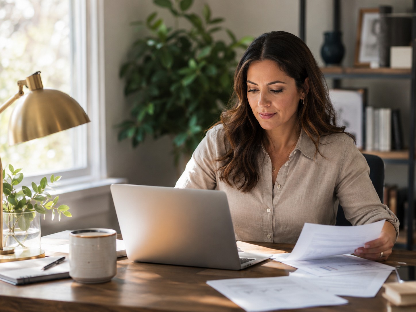 Confident small-business owner reviewing paperwork on a laptop at a tidy desk