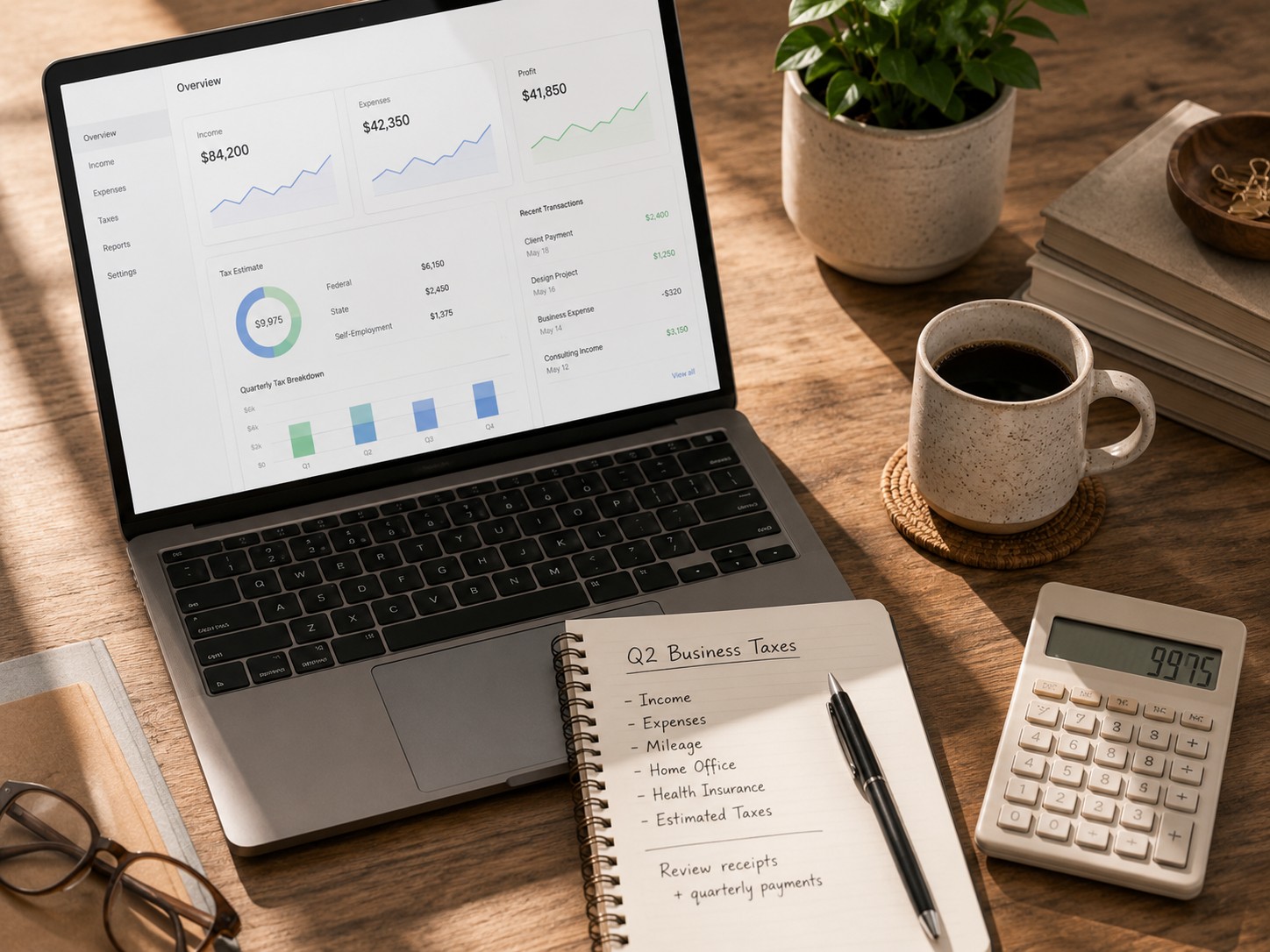 Flat-lay of business tax materials: laptop finance dashboard, calculator, notebook and coffee