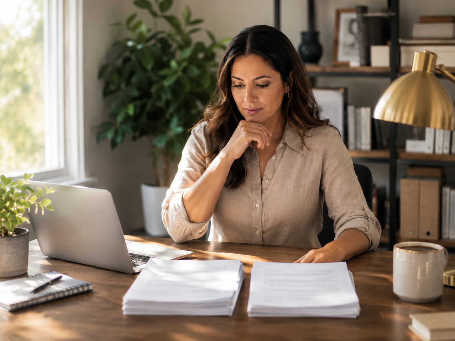 Entrepreneur comparing two document stacks at a desk while deciding between options