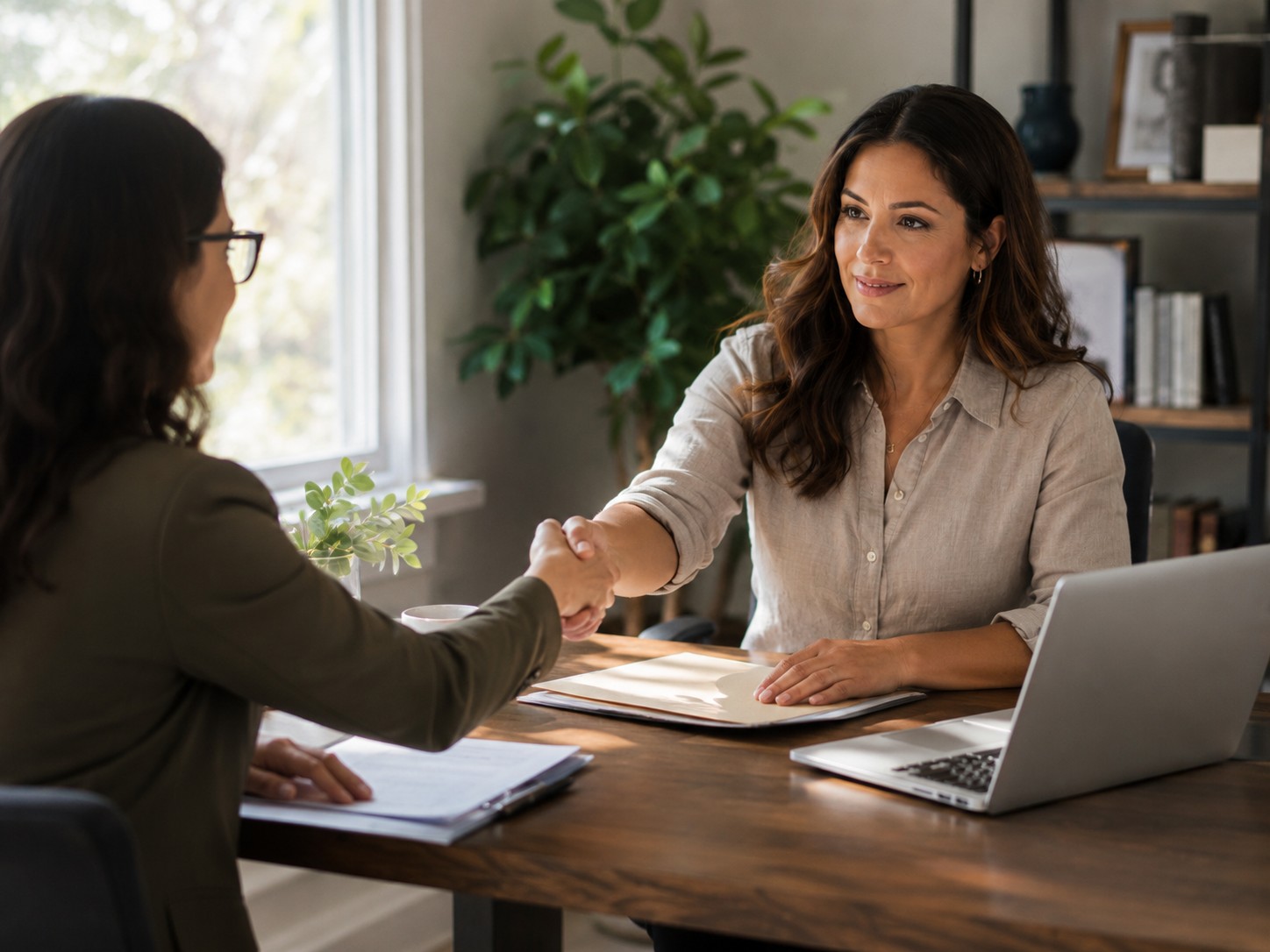 Business owner shaking hands with an accountant across a desk in a bright office