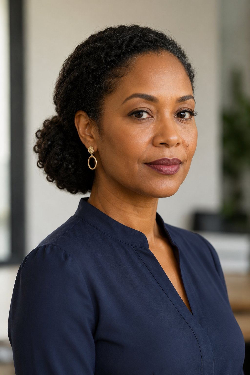 Woman with a low curly bun at the nape, professional and refined