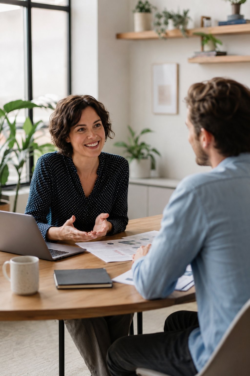 Friendly meeting between a client and an insurance advisor in a bright office