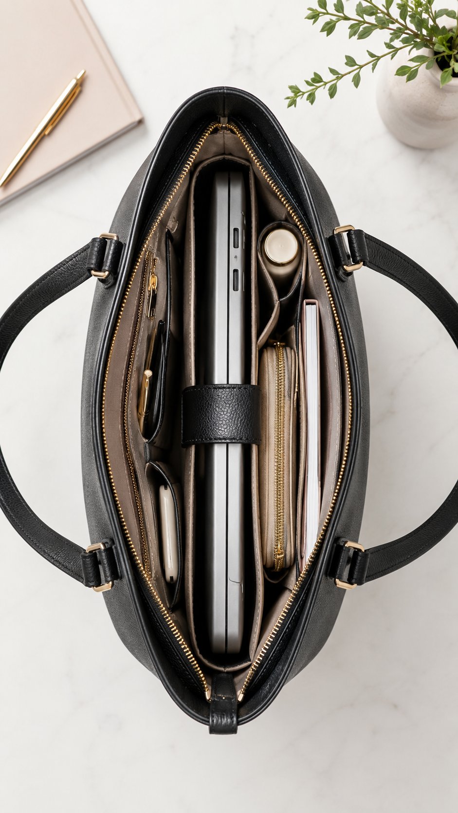 Open work bag showing a laptop and organised interior pockets