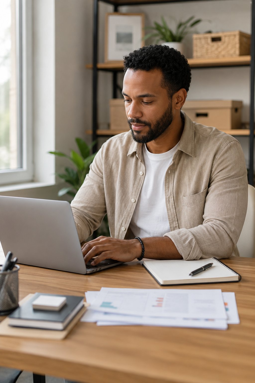 Calm entrepreneur working in a bright, well-organised home office