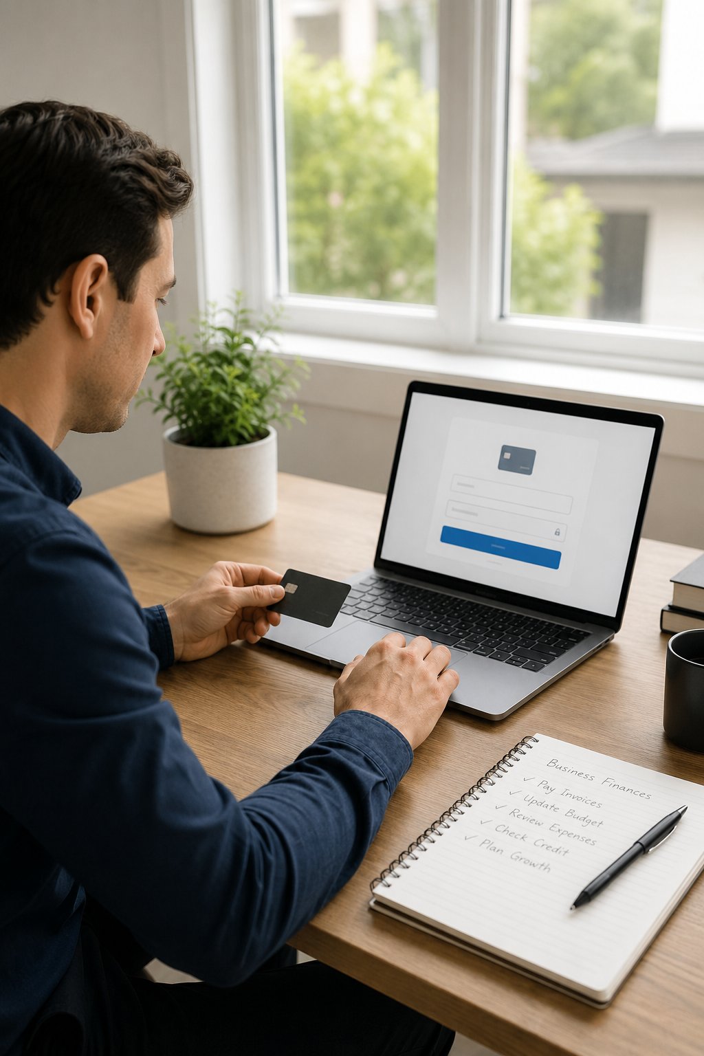 Person paying business invoices on a laptop with a card and notebook