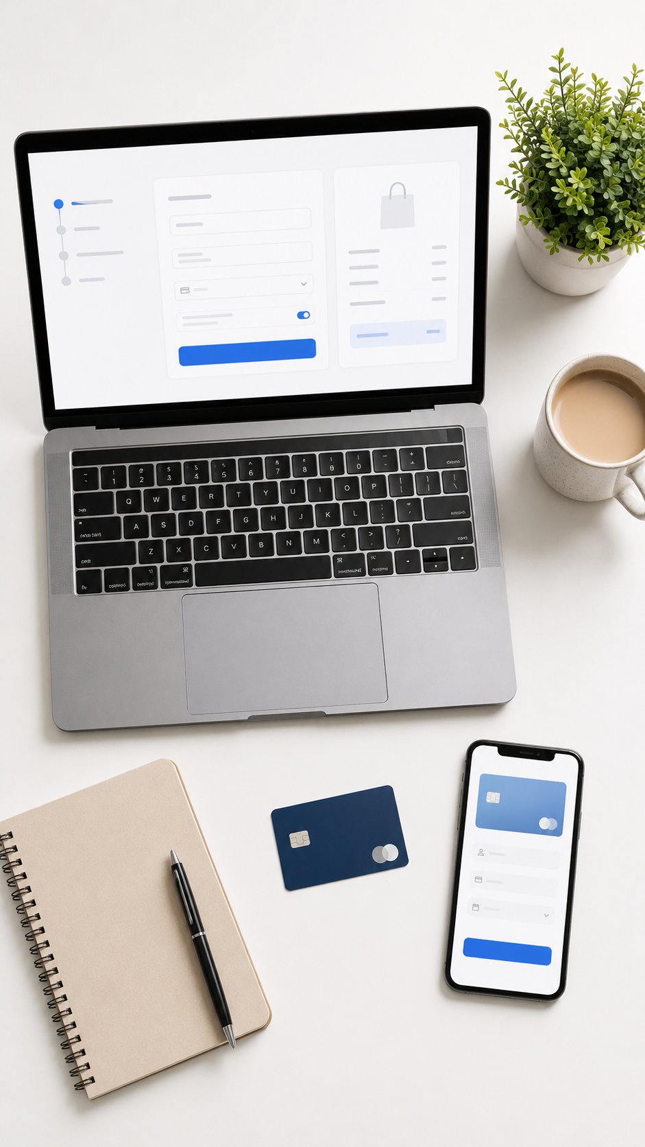 Flat lay of a laptop showing a checkout screen, phone, card and notebook