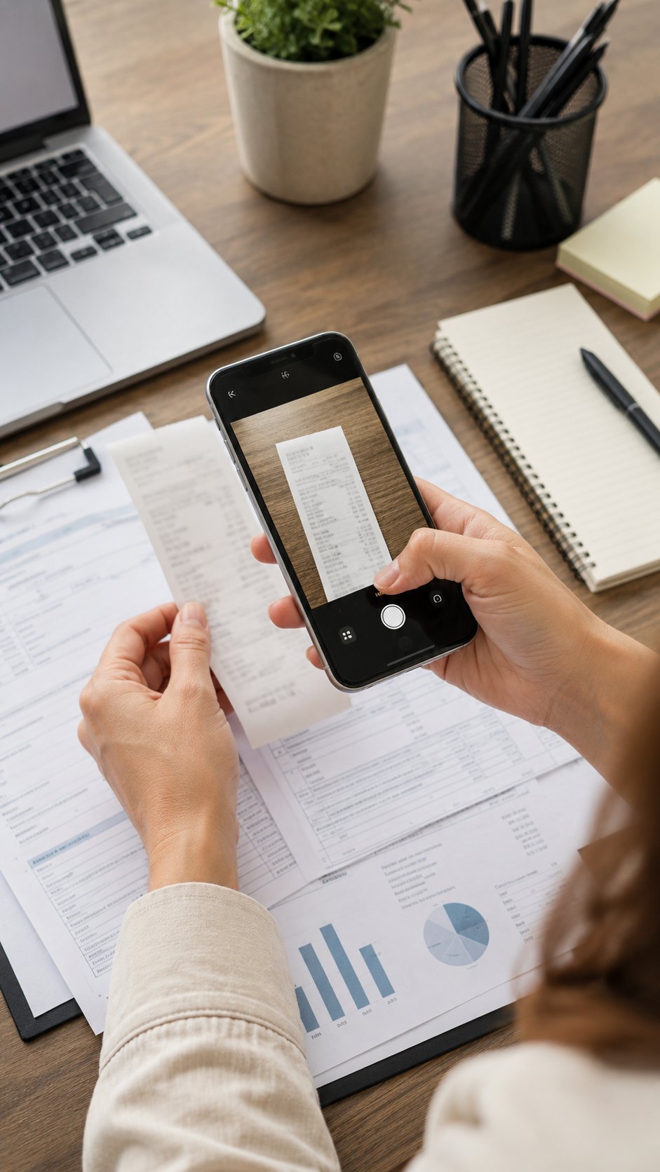Person photographing a receipt with a phone over a desk of documents