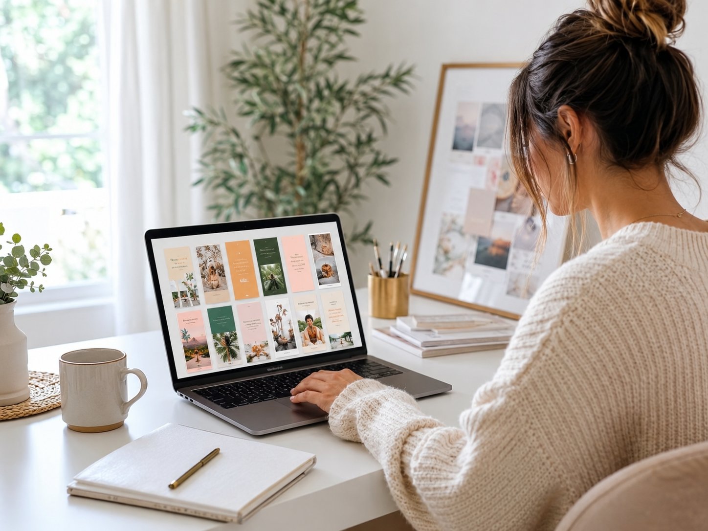 Woman working on a laptop at a bright home desk creating pins and content