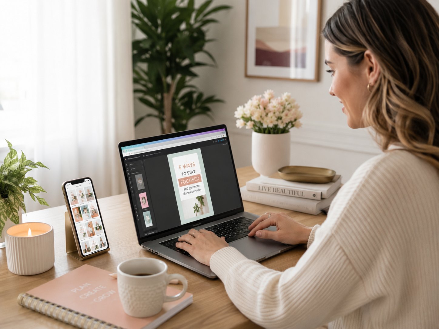 Woman designing a tall graphic on a laptop with a phone showing a pinboard