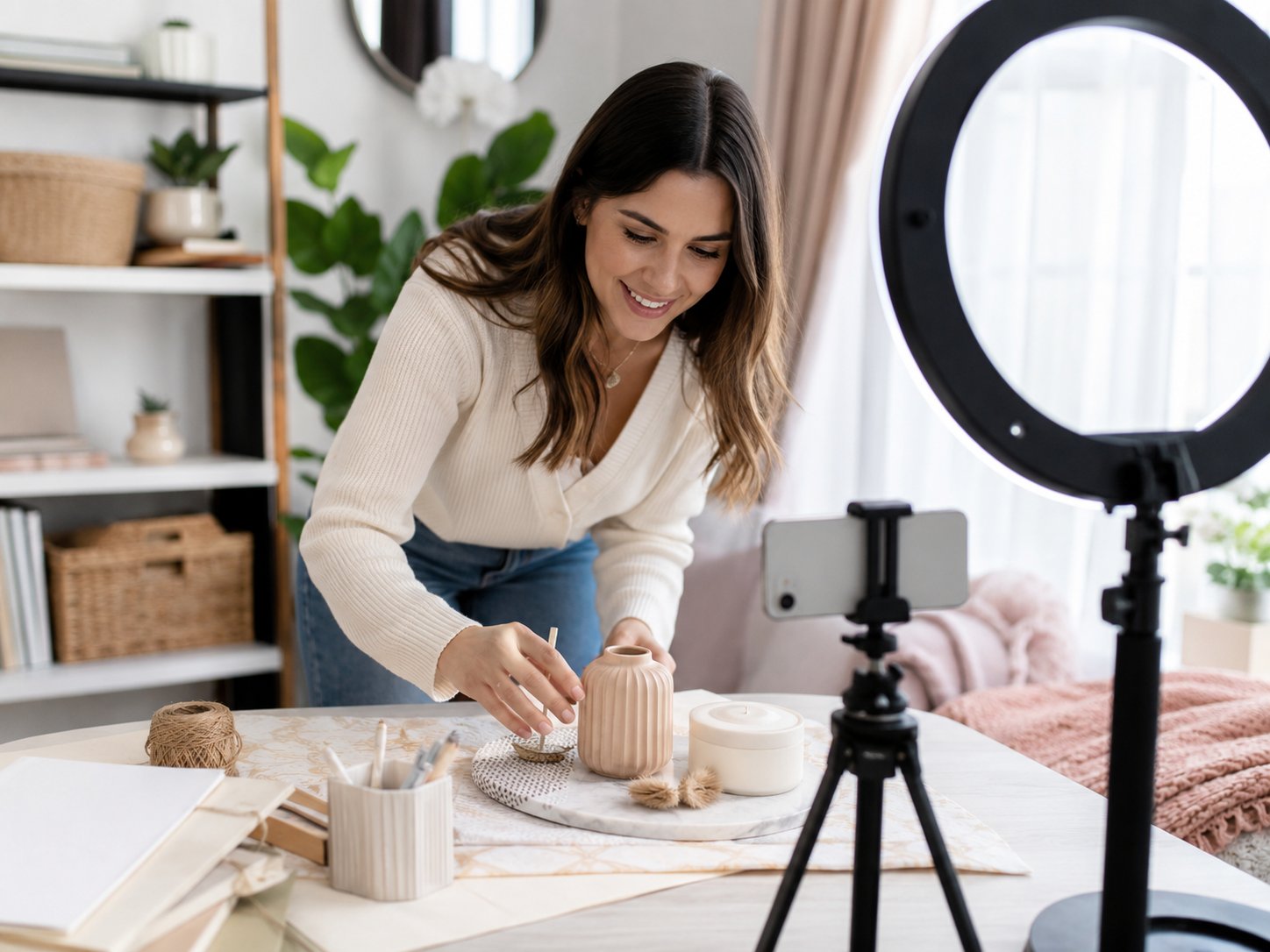 Woman photographing a product flat-lay for pins with a phone on a small tripod