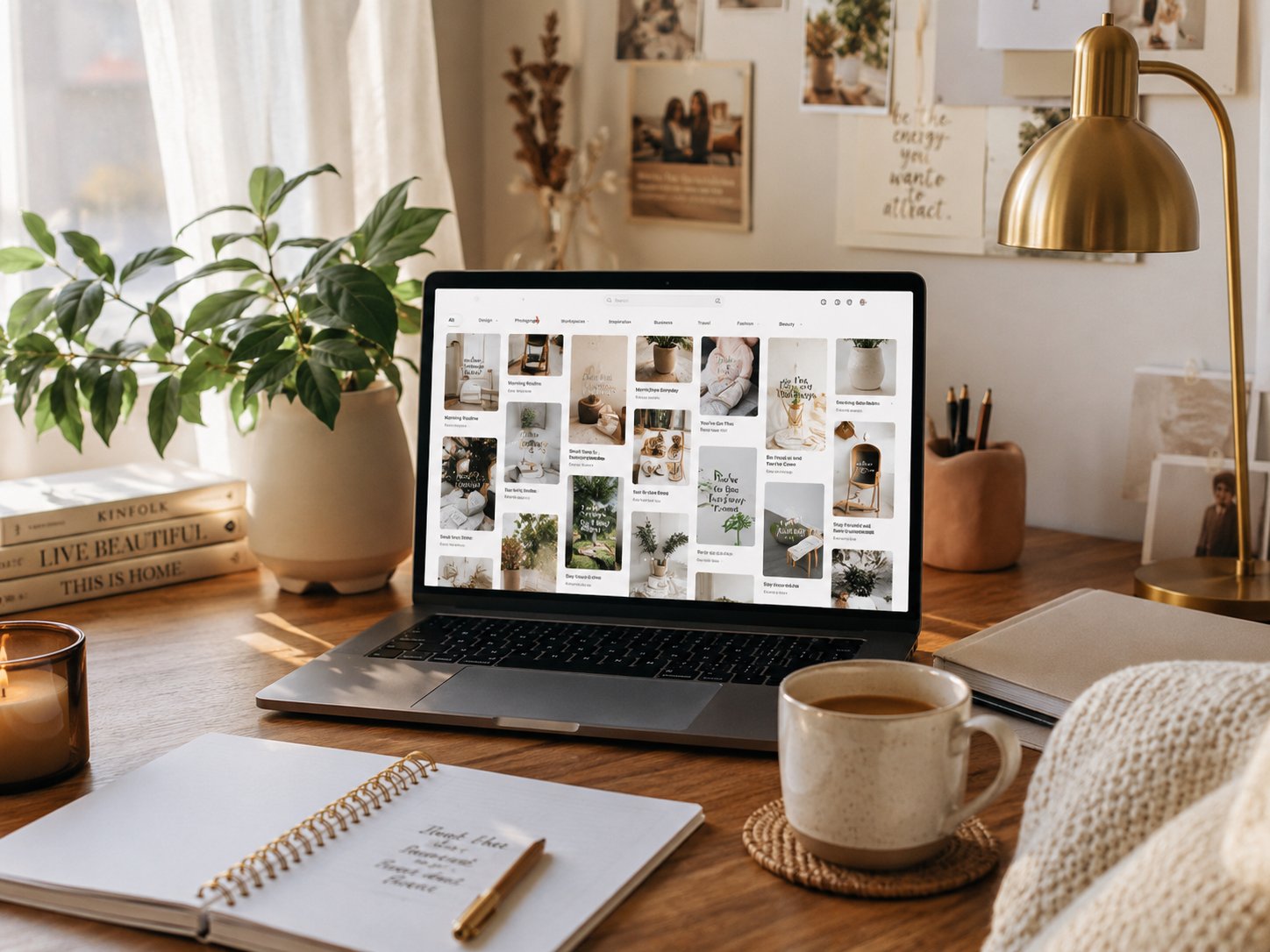 Cozy aesthetic home workspace with a laptop open to a mood-board grid
