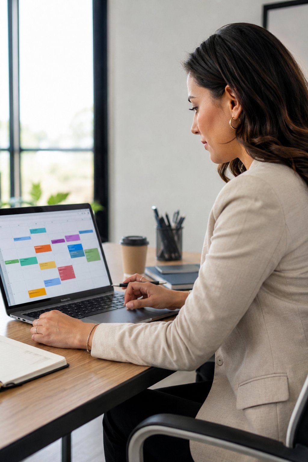 Woman planning her week on a colour-blocked calendar on a laptop