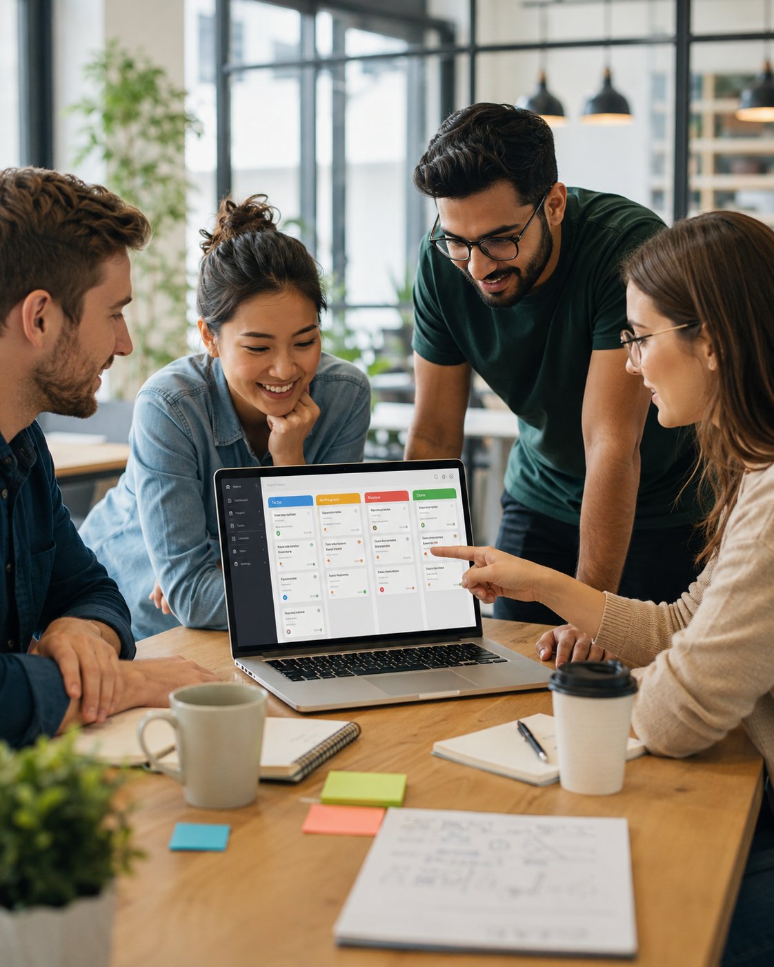 A small team gathered around a laptop looking at a colorful project board