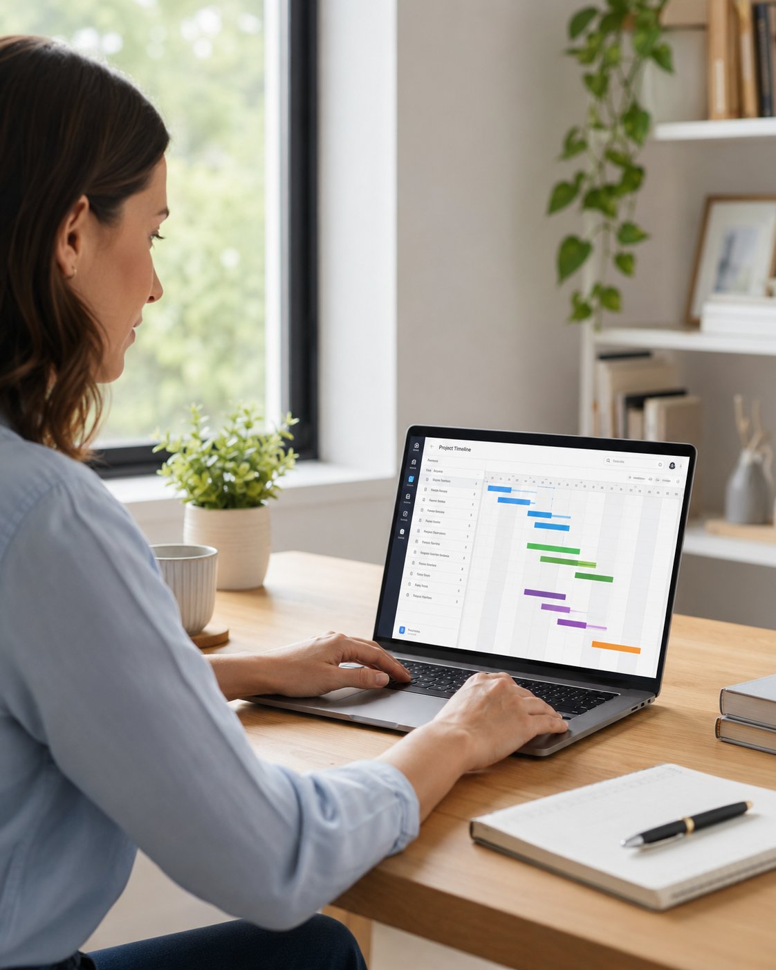 Woman working on a laptop with a project timeline on screen in a bright office