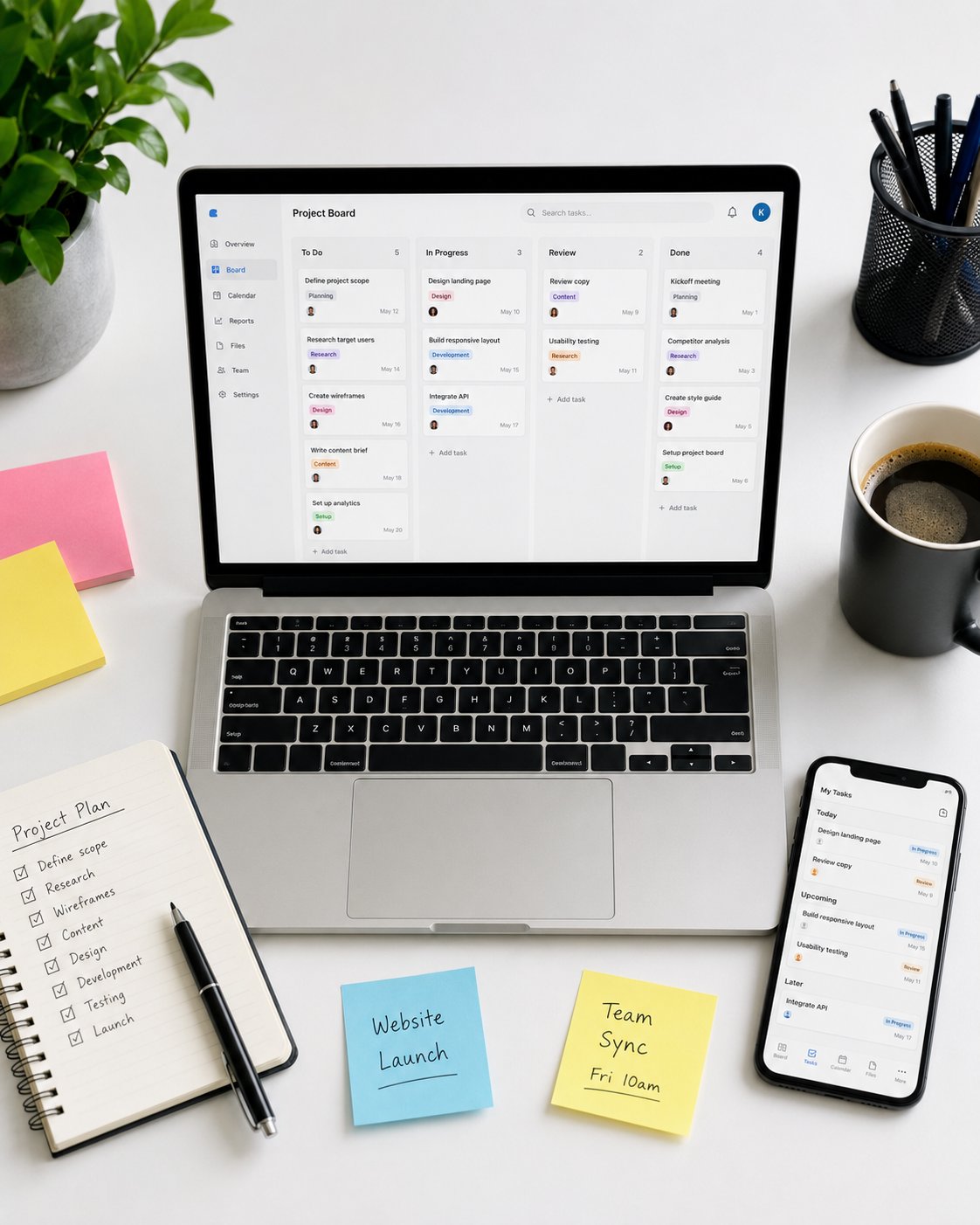 Flat-lay of a small-team workspace with a laptop task board, sticky notes and coffee