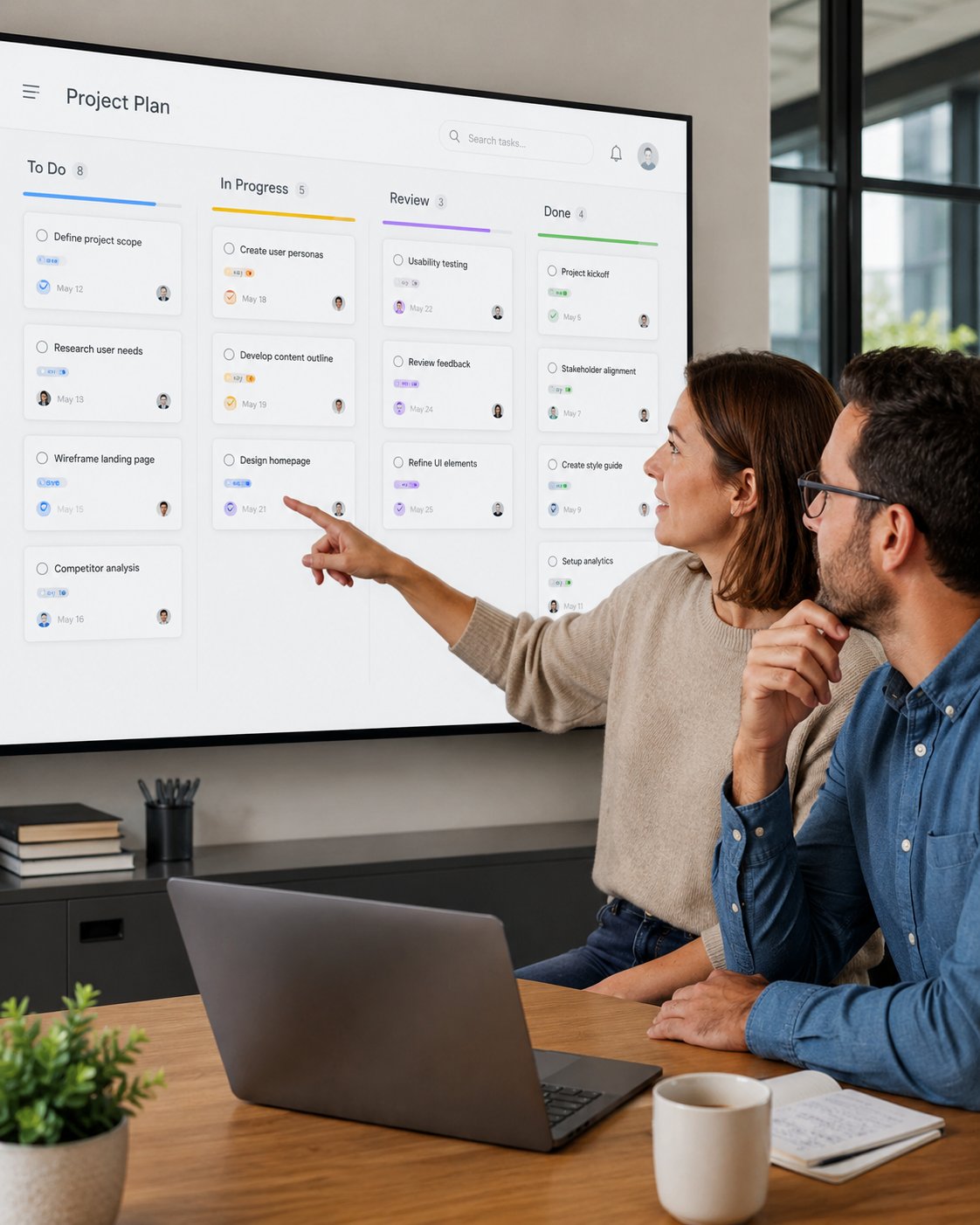 Two colleagues reviewing a wall of sticky notes and planning a workflow together