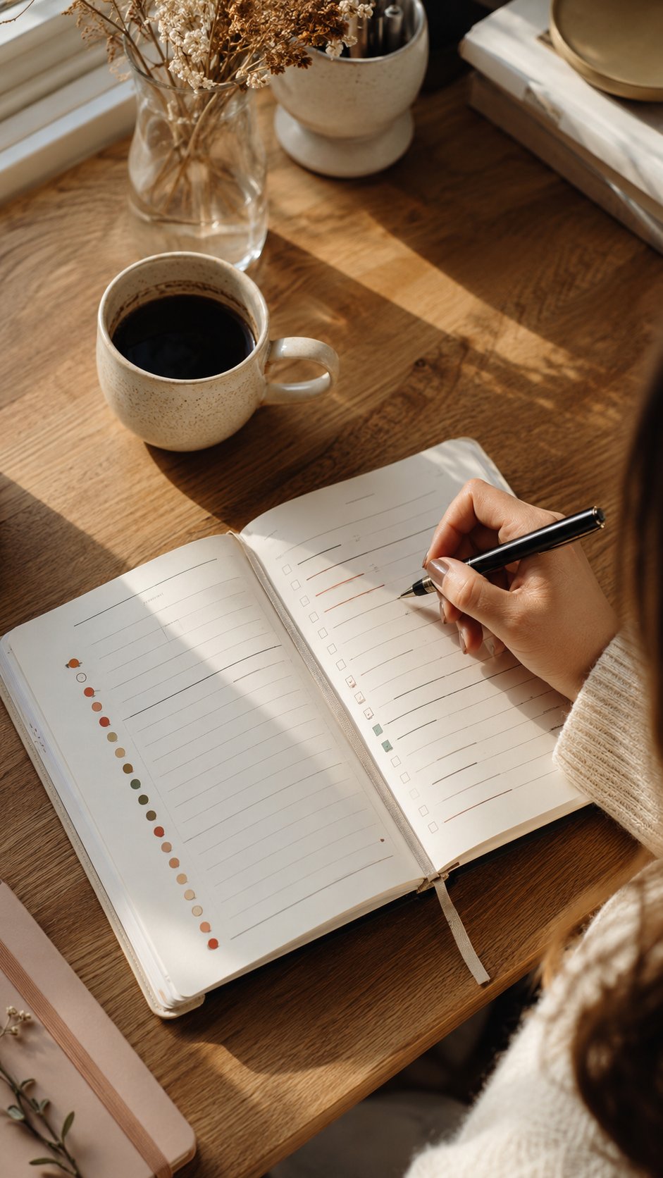 Entrepreneur doing deep focused work at a minimal desk, phone set aside