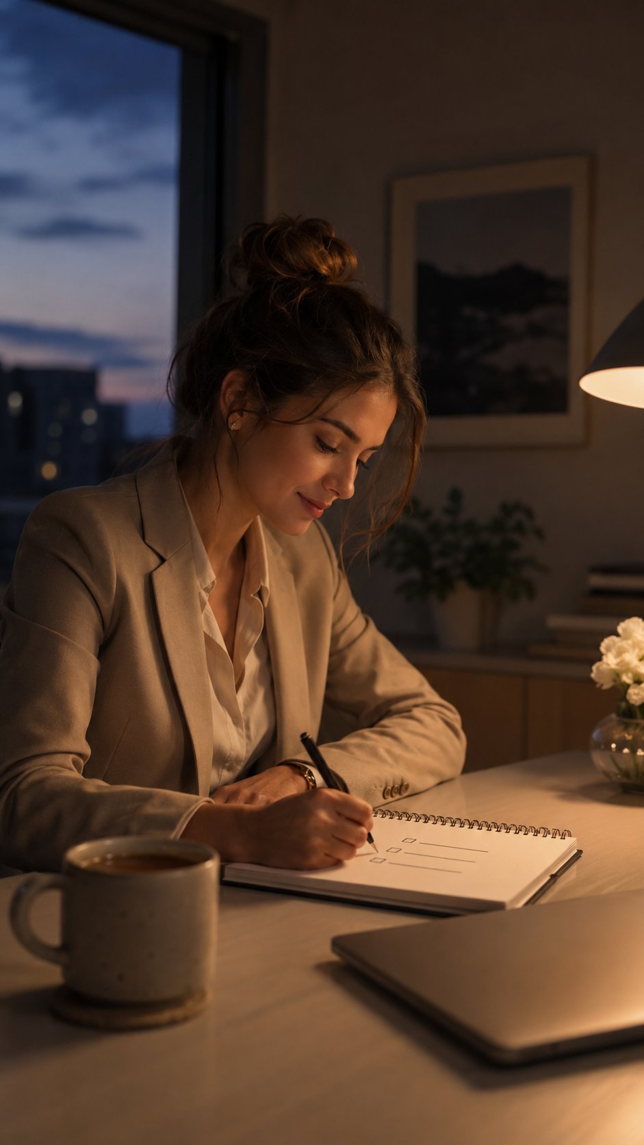 Woman writing tomorrow key tasks in a notebook in the evening, reflective