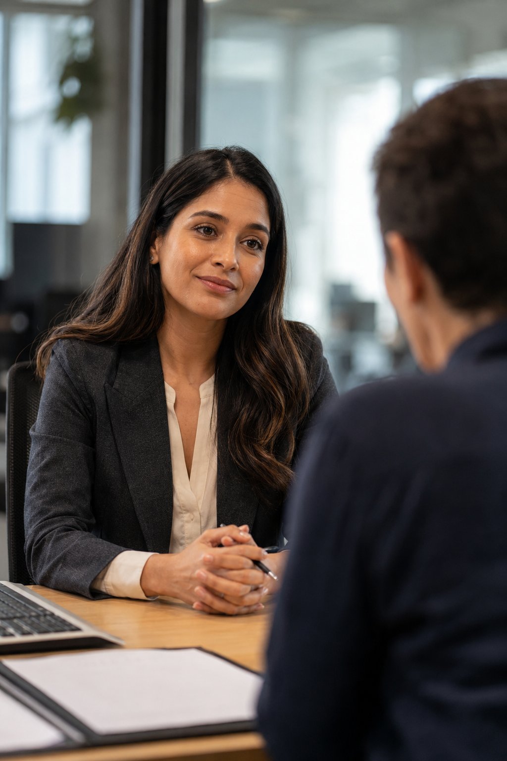 Woman in a composed one-on-one conversation with a manager at a desk
