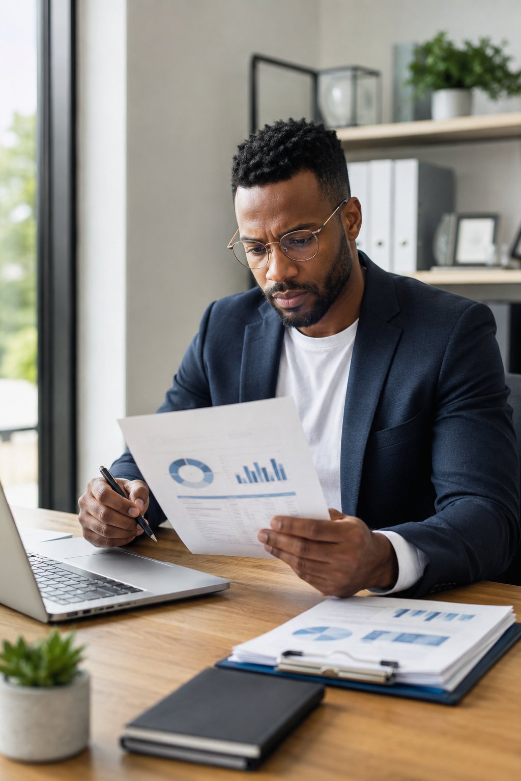 Business owner reviewing a printed credit report with a pen