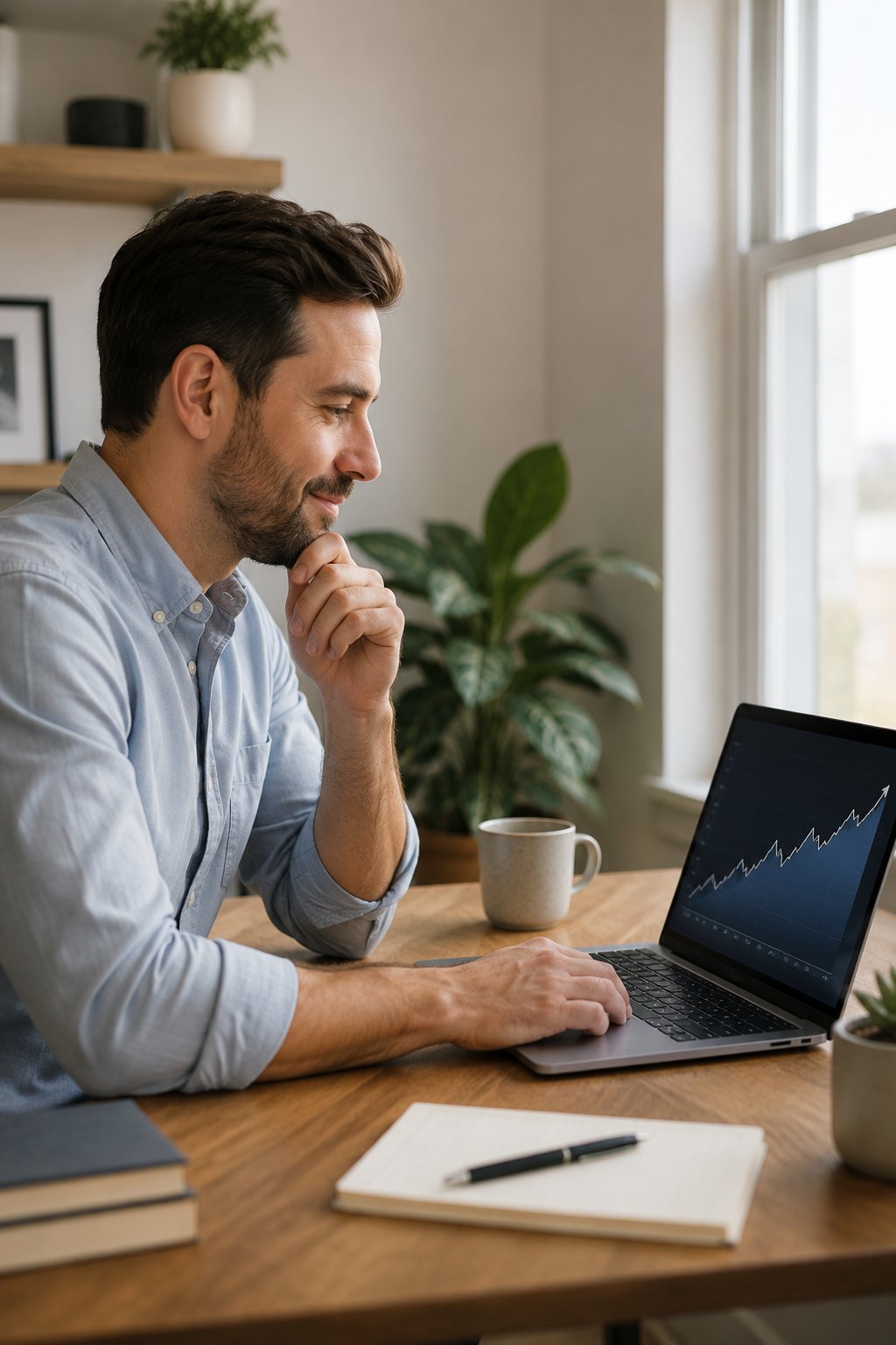 Person reviewing a rising investment growth chart on a laptop, satisfied