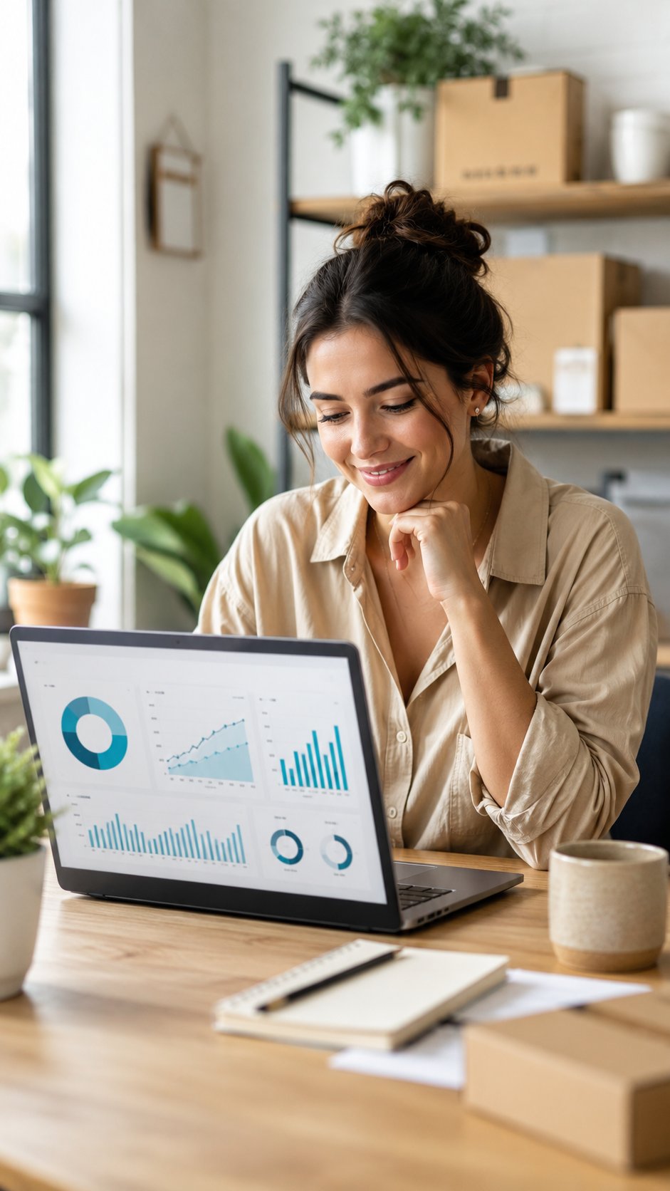 Business owner reviewing sales on a laptop, pleased with the numbers