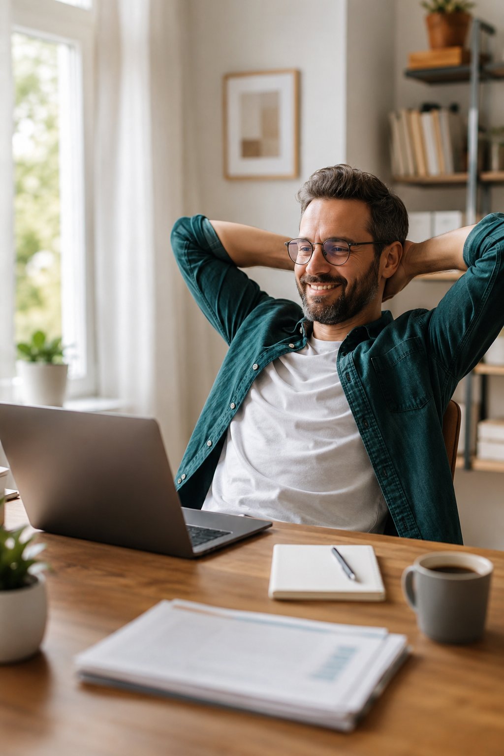 Relaxed self-employed person working in an organised home office