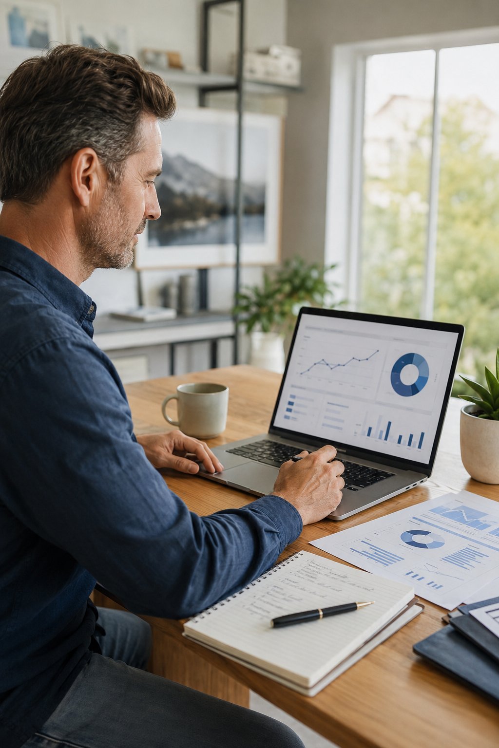 Self-employed person reviewing retirement figures on a laptop at a bright desk