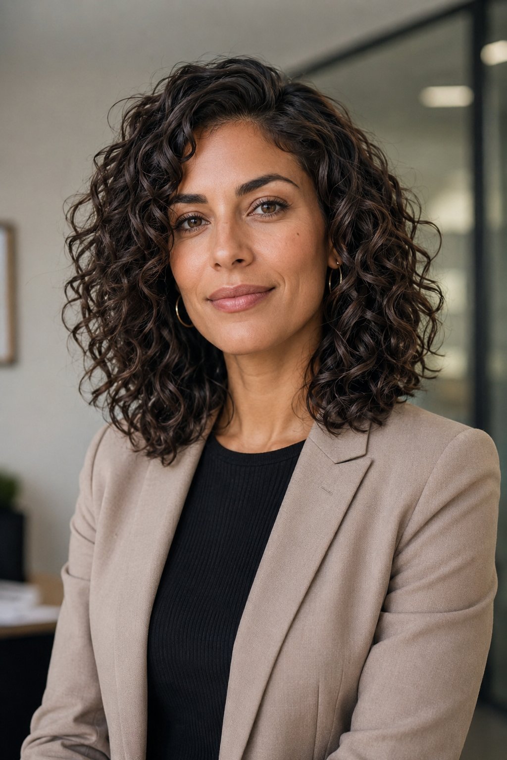 Woman with a shoulder-length curly lob, layered and flattering