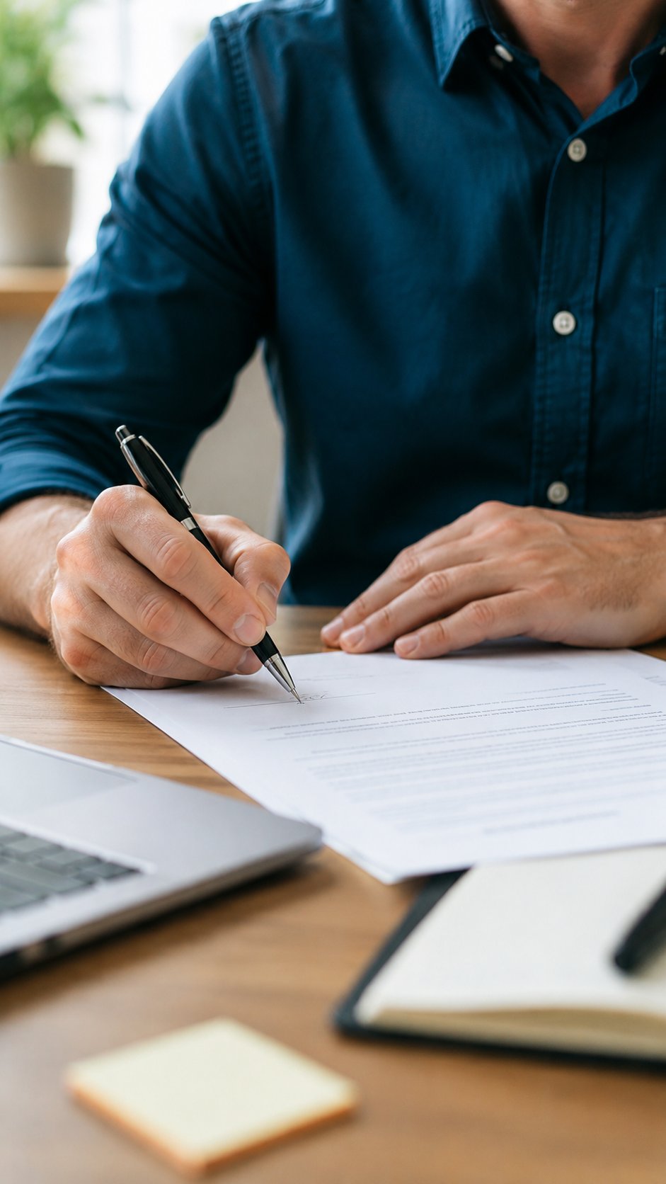 Close shot of hands signing a business loan document at a desk